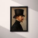 Full frame view of A baroque oil painting, portrait of man in a top hat and moustache, side view