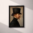 Full frame view of A baroque oil painting, portrait of man in a top hat and moustache, side view