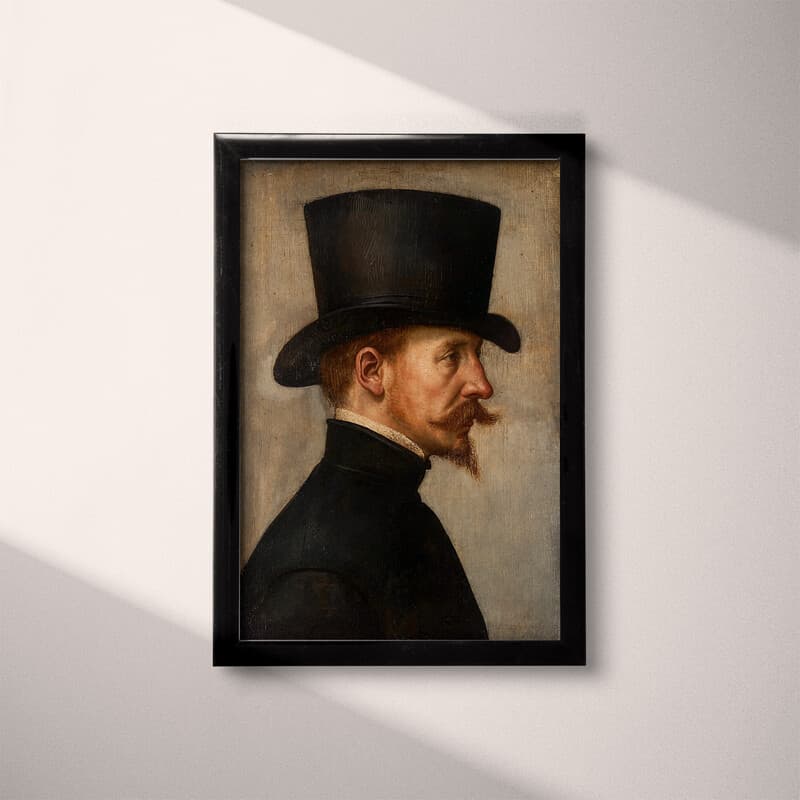 Full frame view of A baroque oil painting, portrait of man in a top hat and moustache, side view