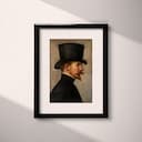 Matted frame view of A baroque oil painting, portrait of man in a top hat and moustache, side view