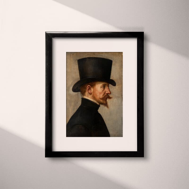 Matted frame view of A baroque oil painting, portrait of man in a top hat and moustache, side view