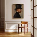 Room view with a full frame of A baroque oil painting, portrait of man in a top hat and moustache, side view