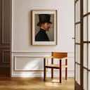 Room view with a matted frame of A baroque oil painting, portrait of man in a top hat and moustache, side view