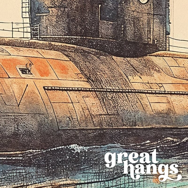 Closeup view of A vintage colored pencil illustration, a submarine