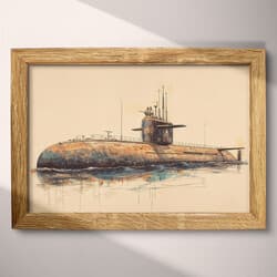 Submarine Art | Marine Wall Art | Nautical Print | Beige, Black and Brown Decor | Vintage Wall Decor | Office Digital Download | Veterans Day Art | Colored Pencil Illustration