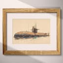 Matted frame view of A vintage colored pencil illustration, a submarine