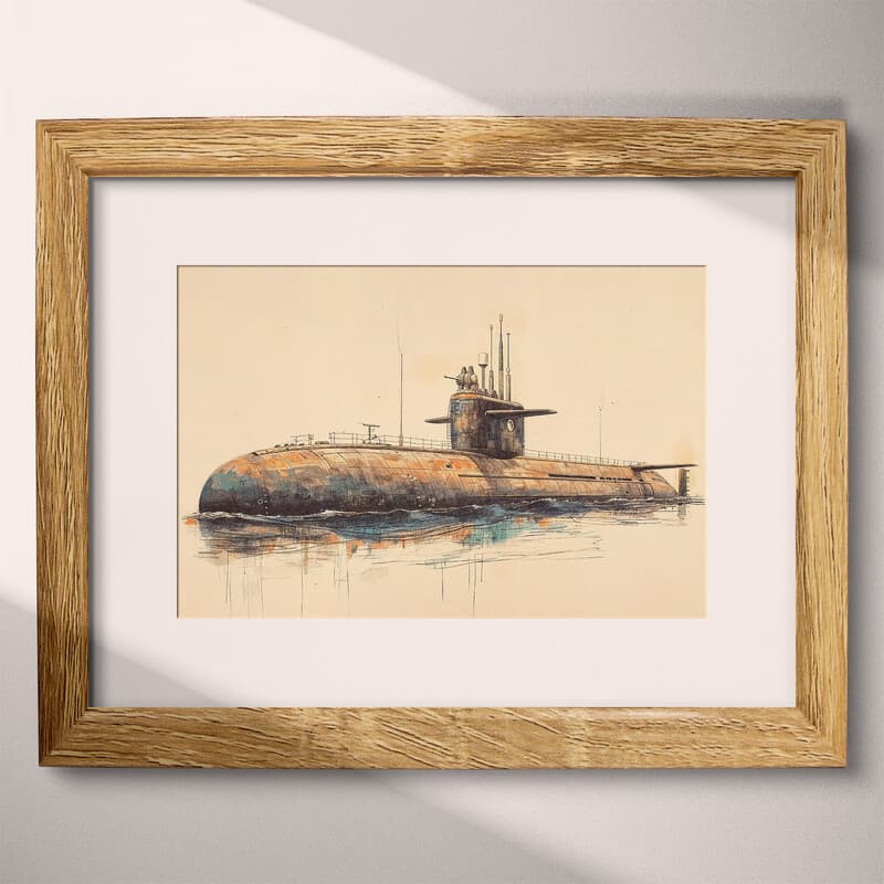 Matted frame view of A vintage colored pencil illustration, a submarine