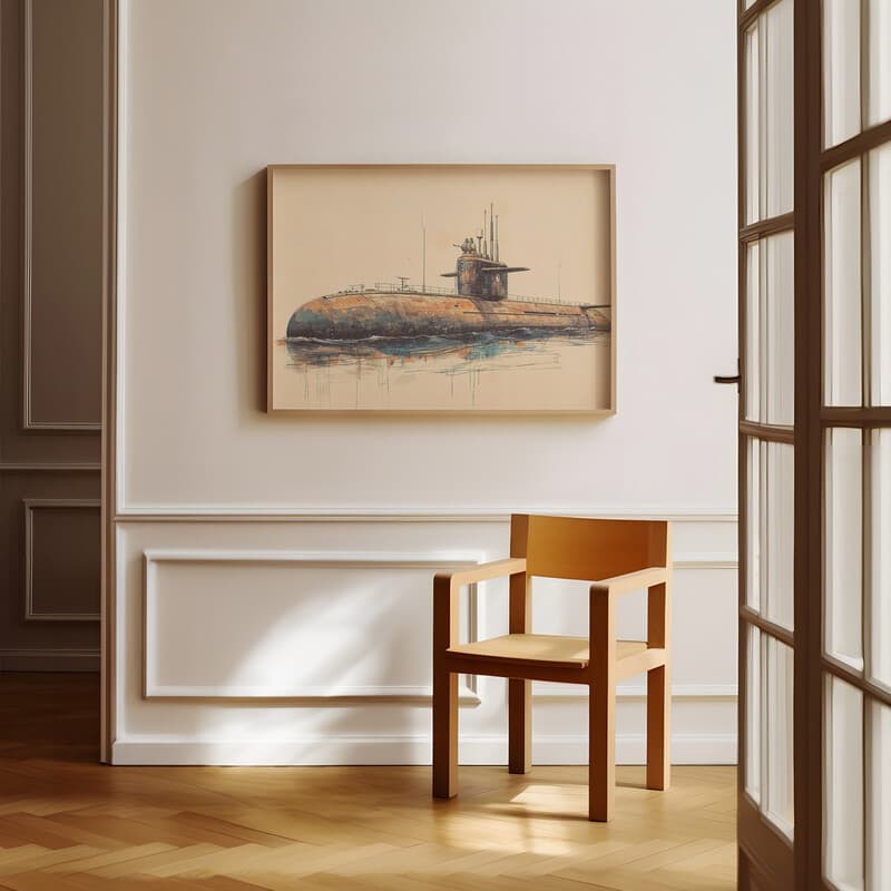 Room view with a full frame of A vintage colored pencil illustration, a submarine