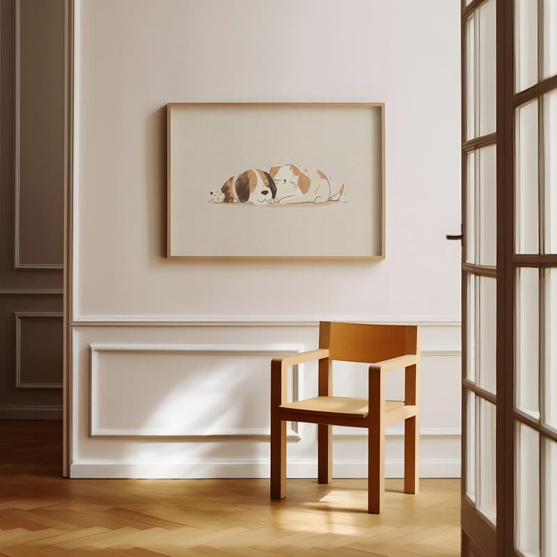 Room view with a full frame of A cute simple illustration with simple shapes, a dog and cat