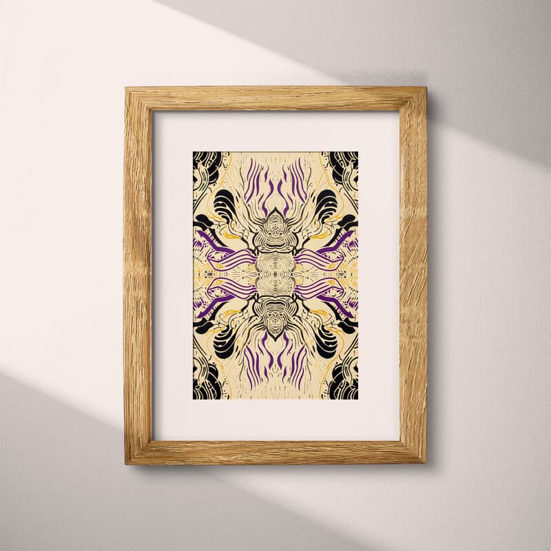 Matted frame view of A maximalist letterpress print, symmetric intricate pattern