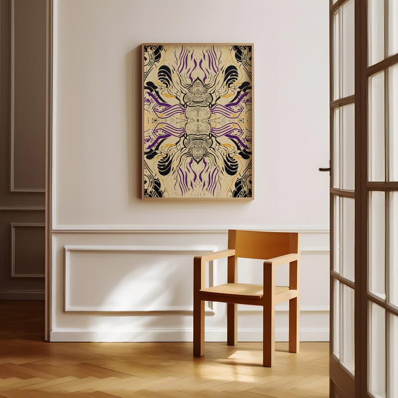 Room view with a full frame of A maximalist letterpress print, symmetric intricate pattern