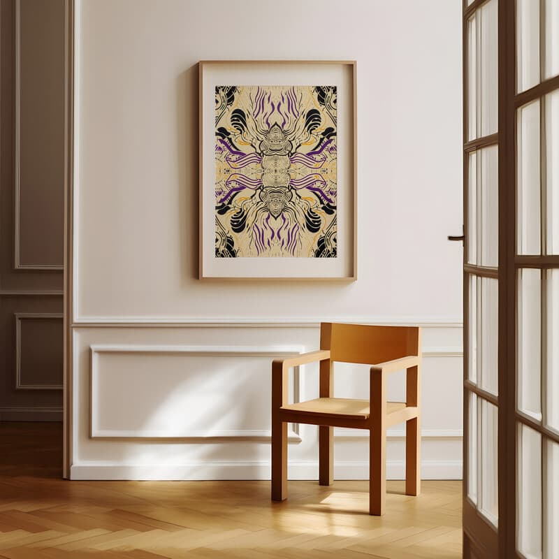 Room view with a matted frame of A maximalist letterpress print, symmetric intricate pattern