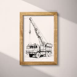 Crane Truck Art | Vehicles Wall Art | Travel & Transportation Print | White, Black and Gray Decor | Vintage Wall Decor | Office Digital Download | Graphite Sketch