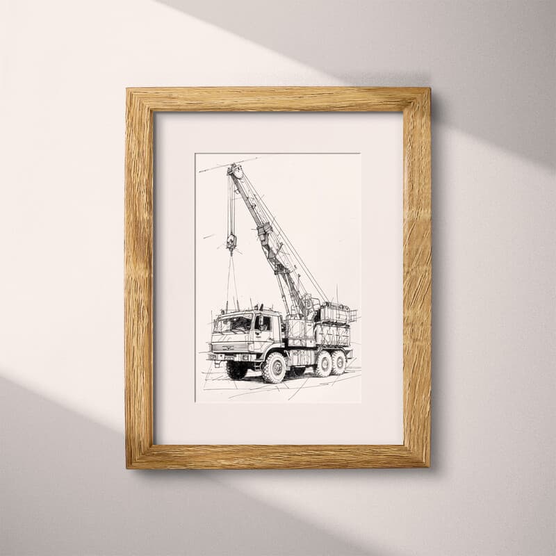 Matted frame view of A vintage graphite sketch, a crane truck