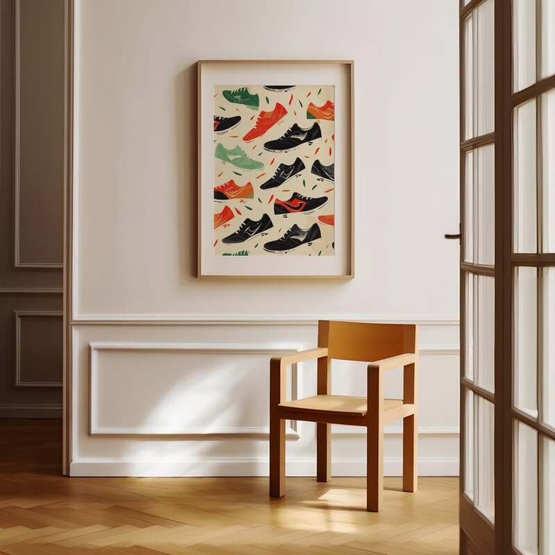 Room view with a matted frame of A retro textile print, sneaker pattern