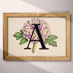 Letter A Art | Typography Wall Art | Flowers Print | White, Green, Black and Purple Decor | Vintage Wall Decor | Nursery Digital Download | Back To School Art | Spring Wall Art | Pastel Pencil Illustration