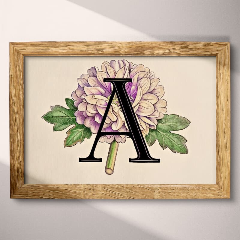 Full frame view of A vintage pastel pencil illustration, the letter "A" with a flower