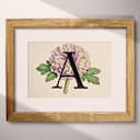 Matted frame view of A vintage pastel pencil illustration, the letter "A" with a flower