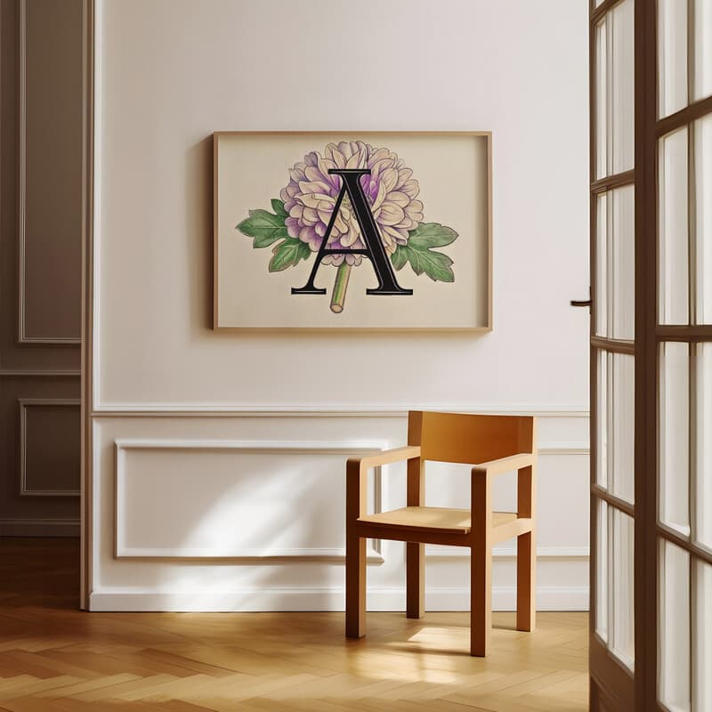 Room view with a full frame of A vintage pastel pencil illustration, the letter "A" with a flower