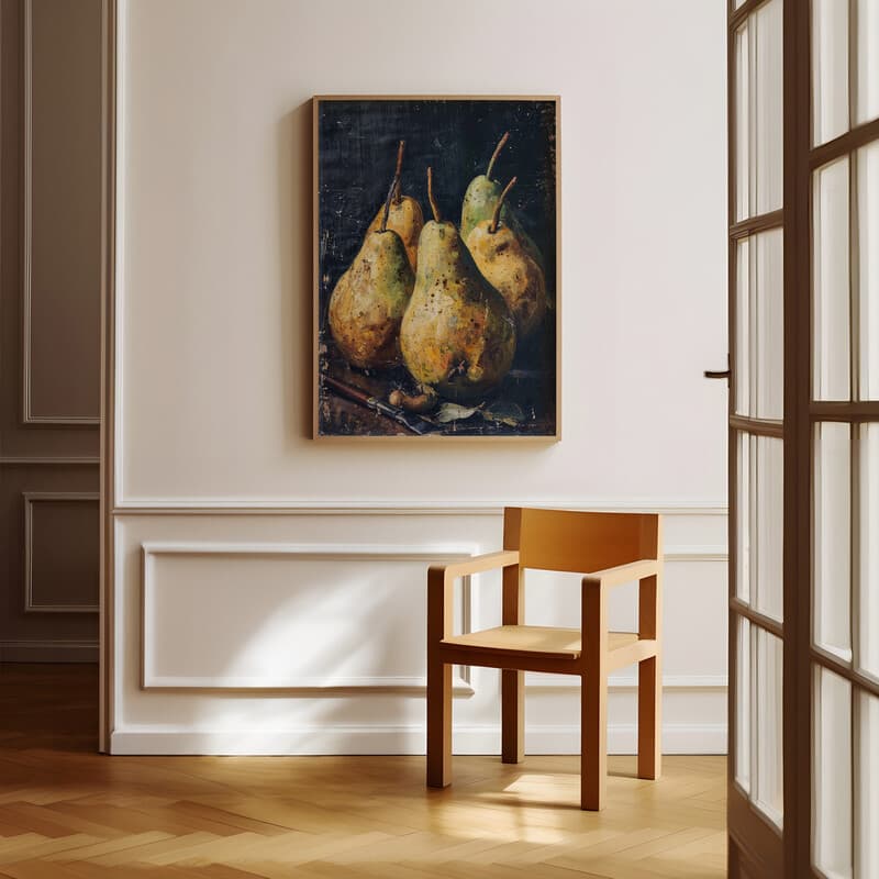 Room view with a full frame of An impressionist oil painting, still life of pears