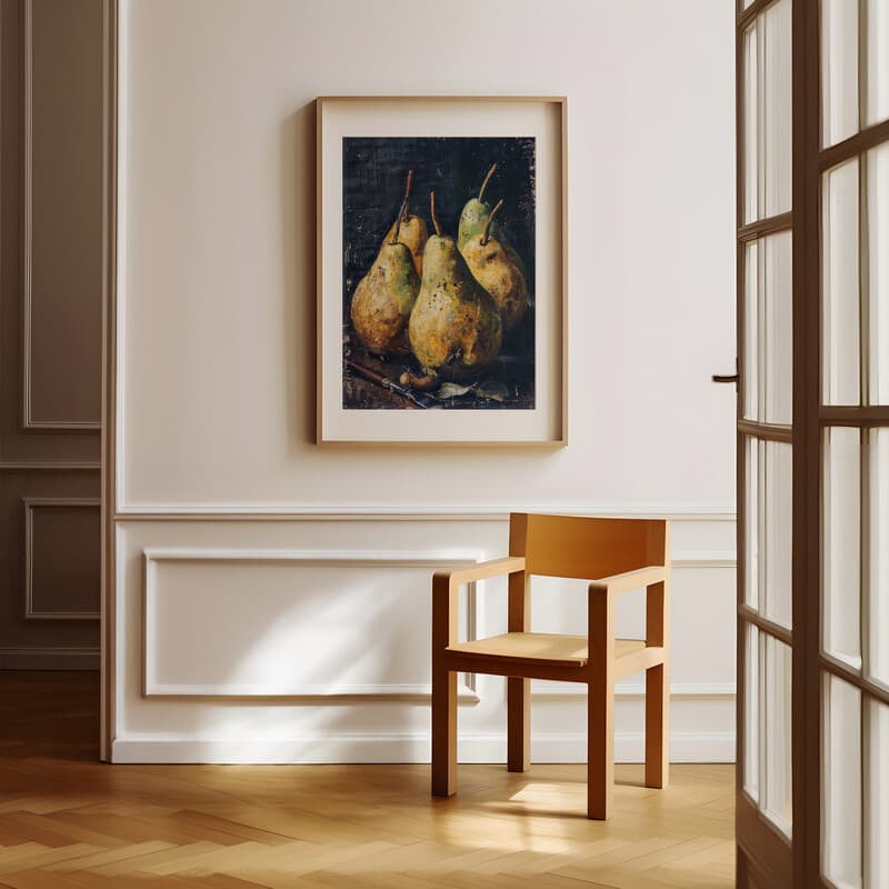 Room view with a matted frame of An impressionist oil painting, still life of pears