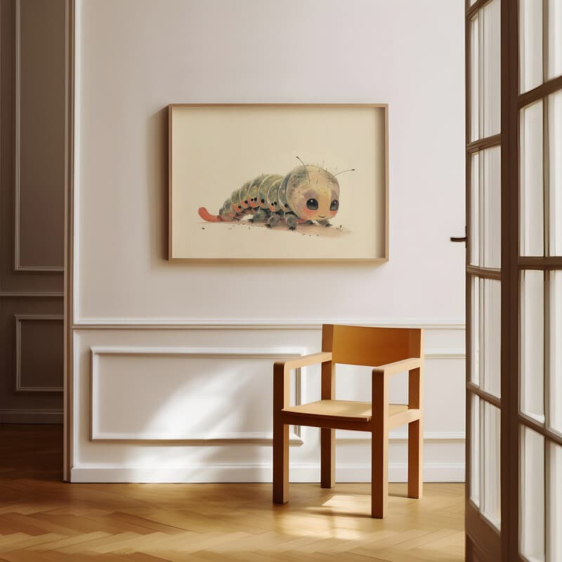 Room view with a full frame of A cute chibi anime pastel pencil illustration, a caterpillar