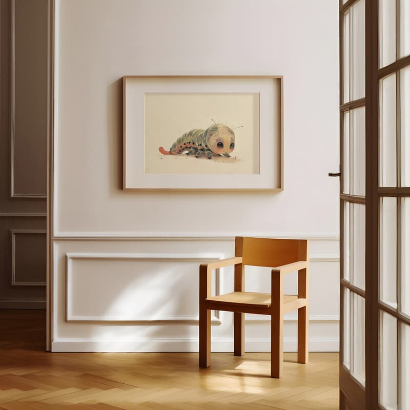 Room view with a matted frame of A cute chibi anime pastel pencil illustration, a caterpillar