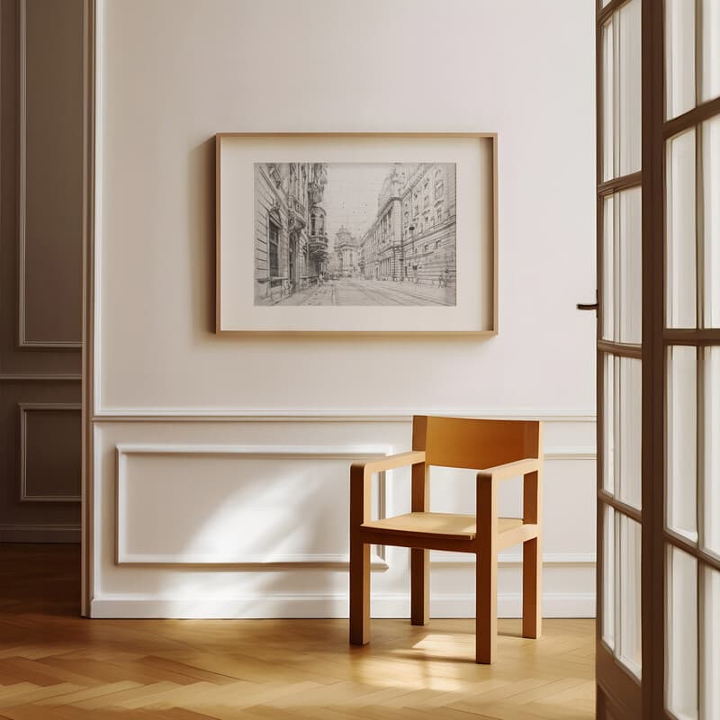 Room view with a matted frame of A vintage graphite sketch, italian city architecture