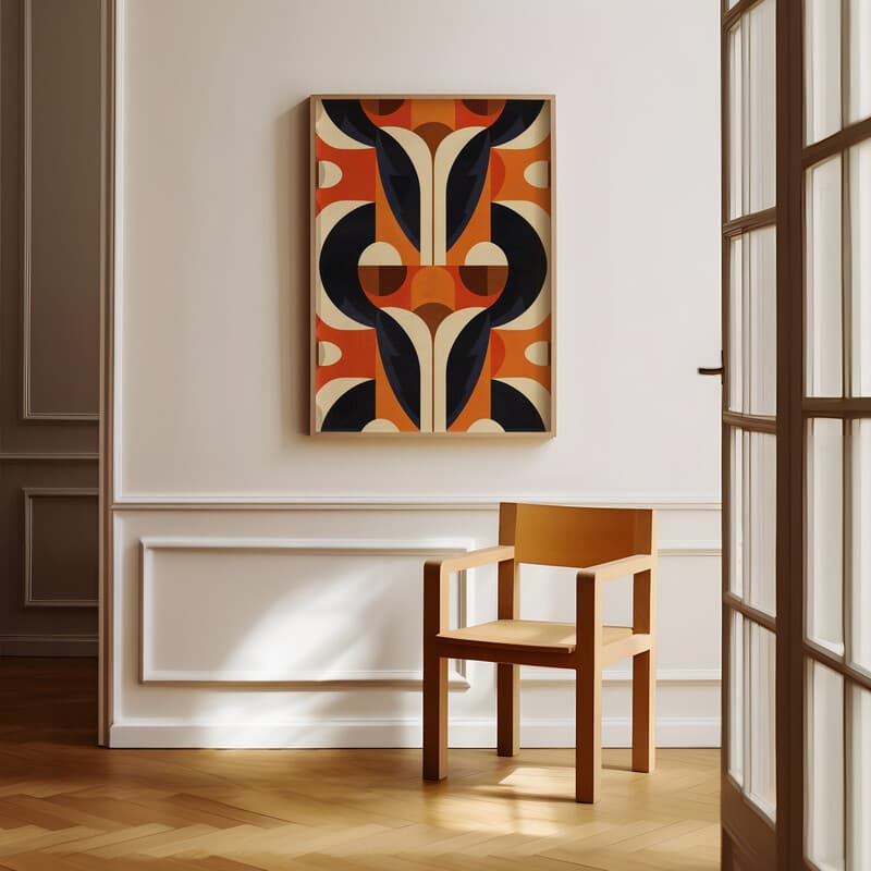 Room view with a full frame of A bauhaus textile print, symmetric pattern of shapes