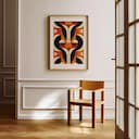 Room view with a matted frame of A bauhaus textile print, symmetric pattern of shapes