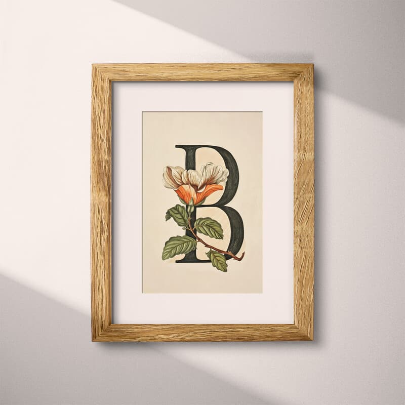 Matted frame view of A vintage pastel pencil illustration, the letter "B" with a flower