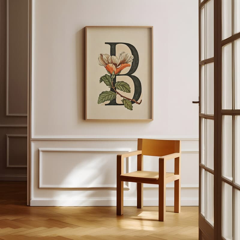 Room view with a full frame of A vintage pastel pencil illustration, the letter "B" with a flower