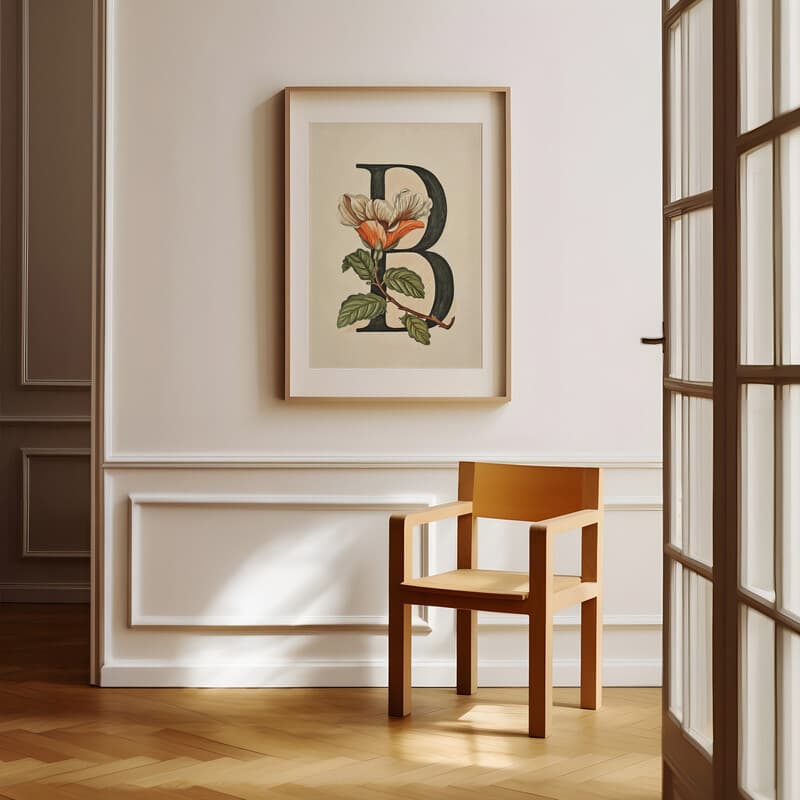 Room view with a matted frame of A vintage pastel pencil illustration, the letter "B" with a flower