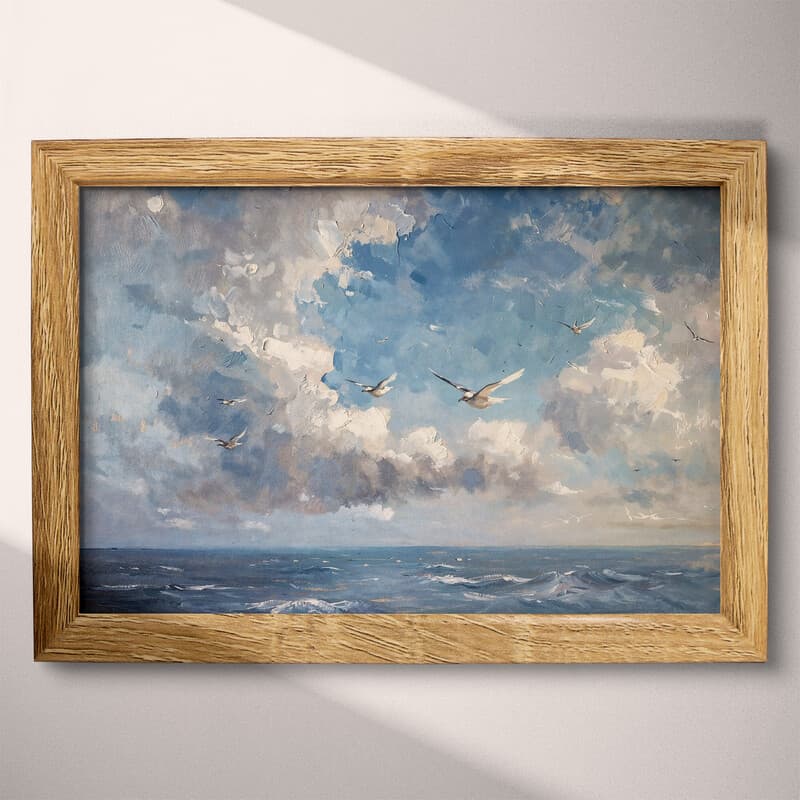 Full frame view of An impressionist oil painting, birds in the sky over the sea, clouds