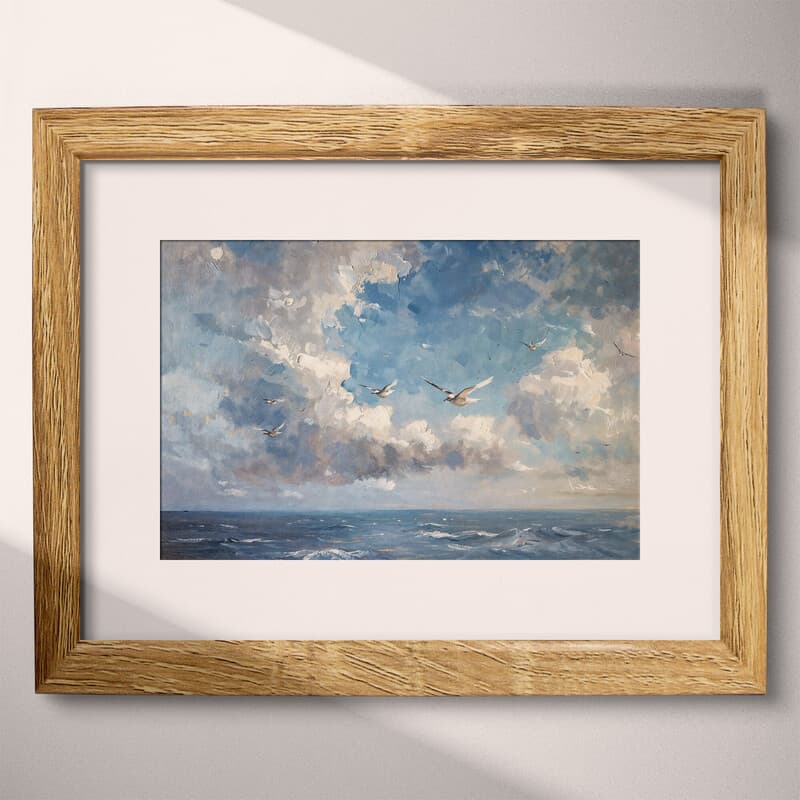 Matted frame view of An impressionist oil painting, birds in the sky over the sea, clouds