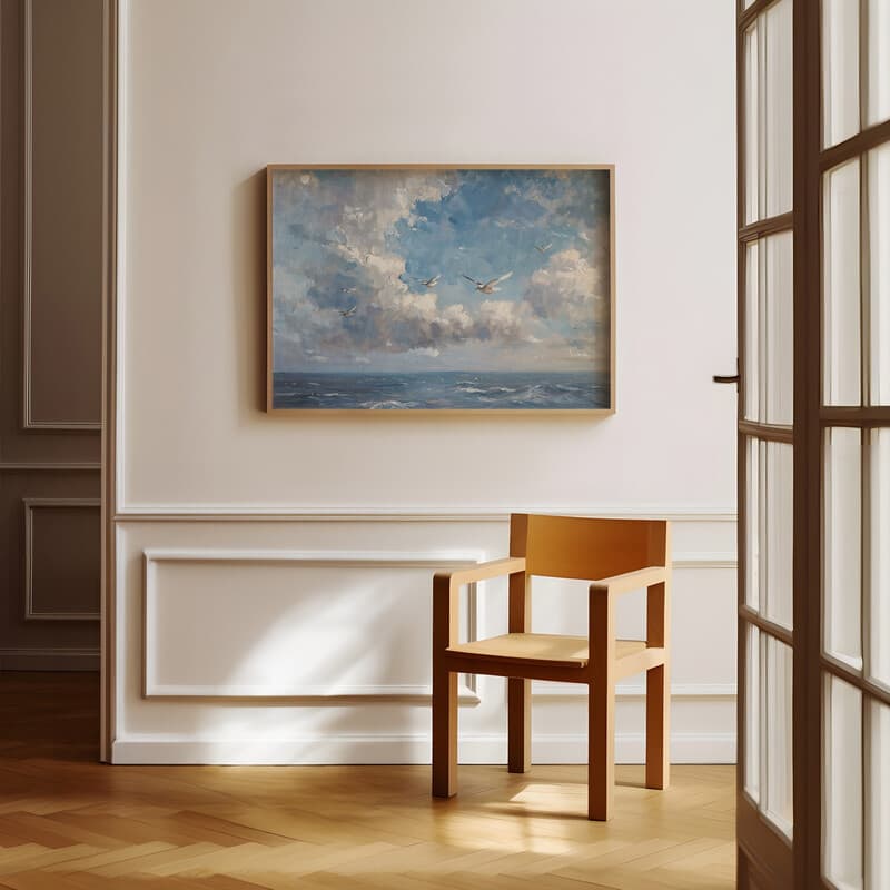 Room view with a full frame of An impressionist oil painting, birds in the sky over the sea, clouds