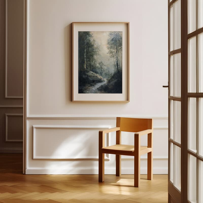 Room view with a matted frame of An impressionist oil painting, a river landscape