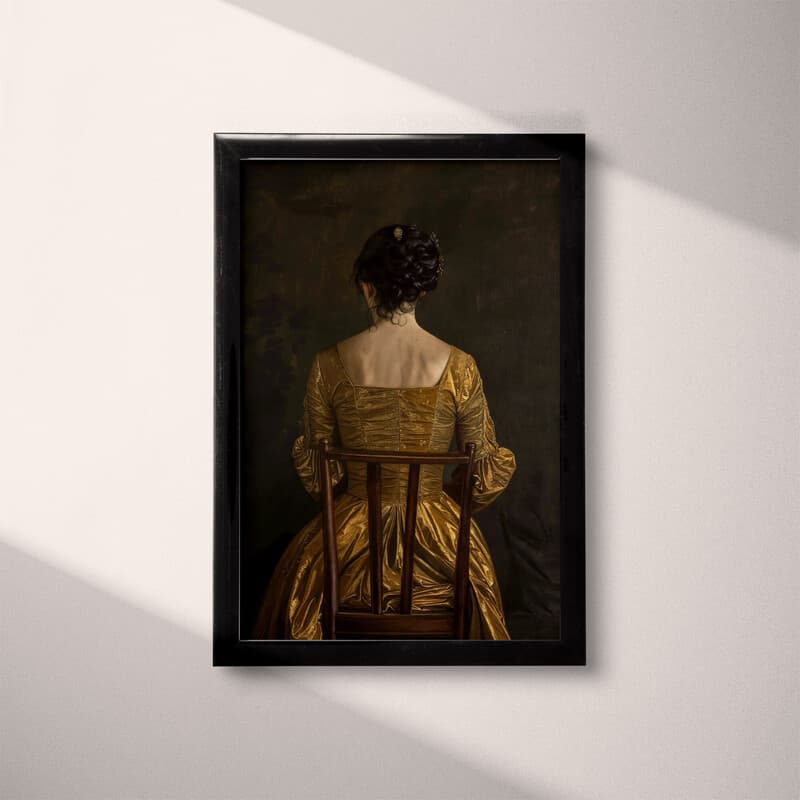 Full frame view of A vintage oil painting, a woman in a gold dress sitting in a chair, back view