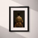 Matted frame view of A vintage oil painting, a woman in a gold dress sitting in a chair, back view