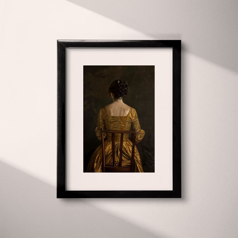 Matted frame view of A vintage oil painting, a woman in a gold dress sitting in a chair, back view