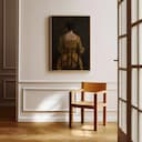 Room view with a full frame of A vintage oil painting, a woman in a gold dress sitting in a chair, back view