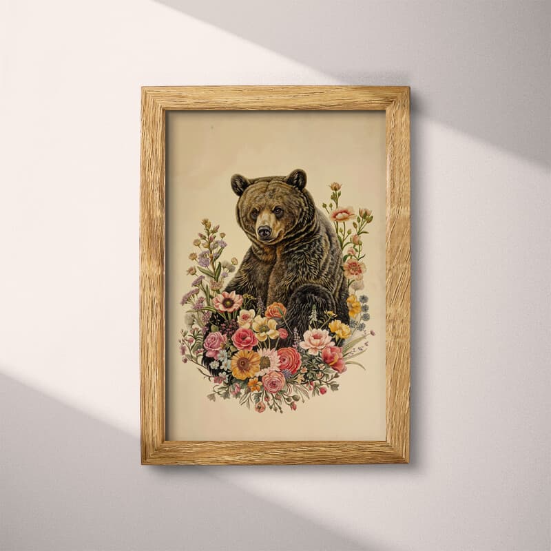 Full frame view of An art nouveau pastel pencil illustration, a bear on a bed of flowers