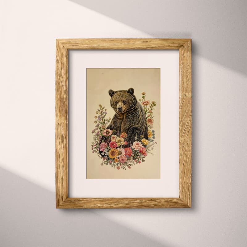 Matted frame view of An art nouveau pastel pencil illustration, a bear on a bed of flowers