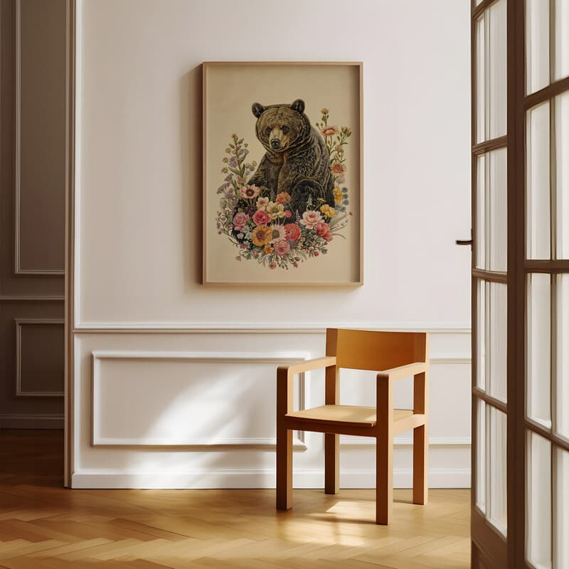 Room view with a full frame of An art nouveau pastel pencil illustration, a bear on a bed of flowers