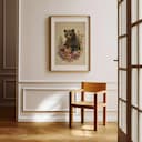 Room view with a matted frame of An art nouveau pastel pencil illustration, a bear on a bed of flowers