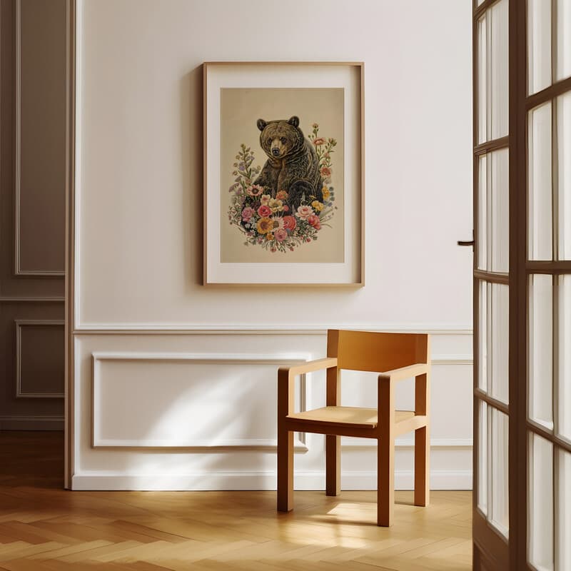 Room view with a matted frame of An art nouveau pastel pencil illustration, a bear on a bed of flowers