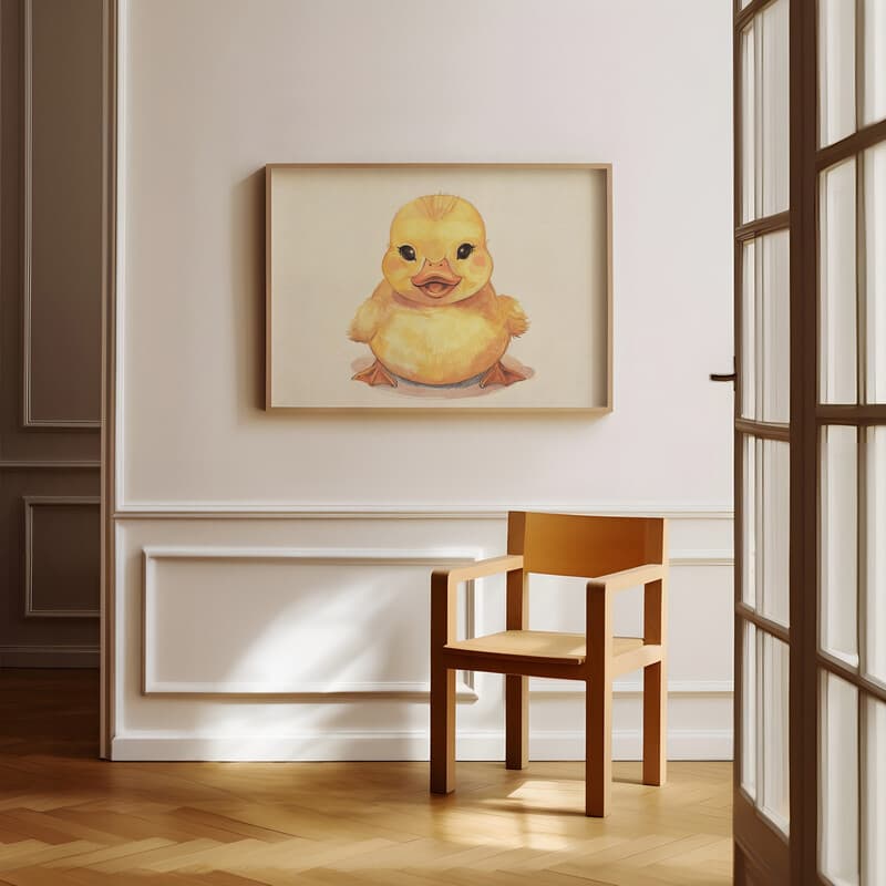 Room view with a full frame of A cute chibi anime pastel pencil illustration, a rubber duck