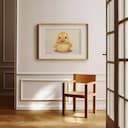 Room view with a matted frame of A cute chibi anime pastel pencil illustration, a rubber duck