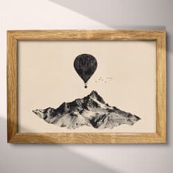 Hot Air Balloon Art | Landscape Wall Art | Landscapes Print | White, Black and Brown Decor | Minimal Wall Decor | Living Room Digital Download | Housewarming Art | Graphite Sketch