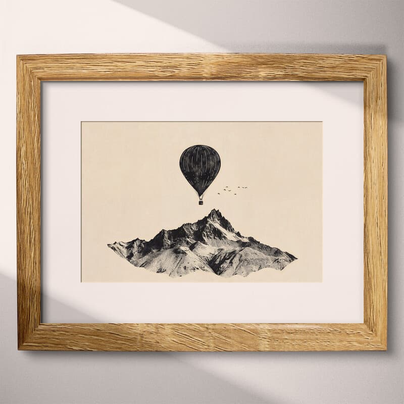 Matted frame view of A minimalist graphite sketch, a hot air balloon over a mountain